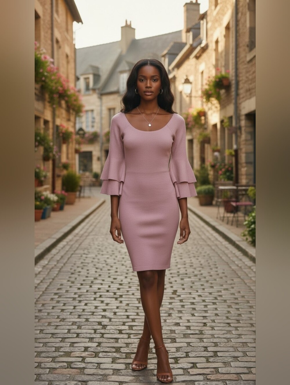 Rachel Rachel Roy Mauve Pink Bell Sleeve Bodycon Midi Dress Knit Size Large